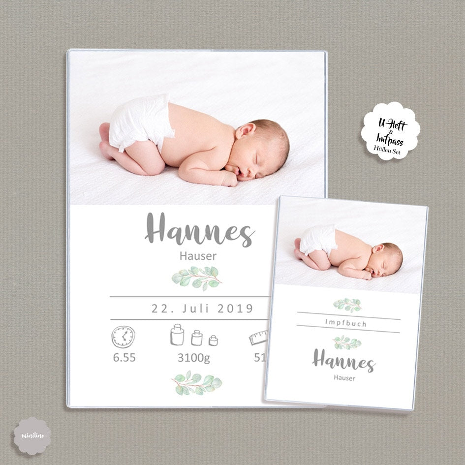 U-Heft Hülle & Impfpass Umschlag, mit Babyfoto und Geburtsdaten