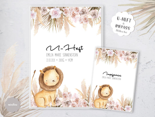 SET UHeft Hülle & Impfpass Umschlag, Federgras mit Namen, Zoo Tiere