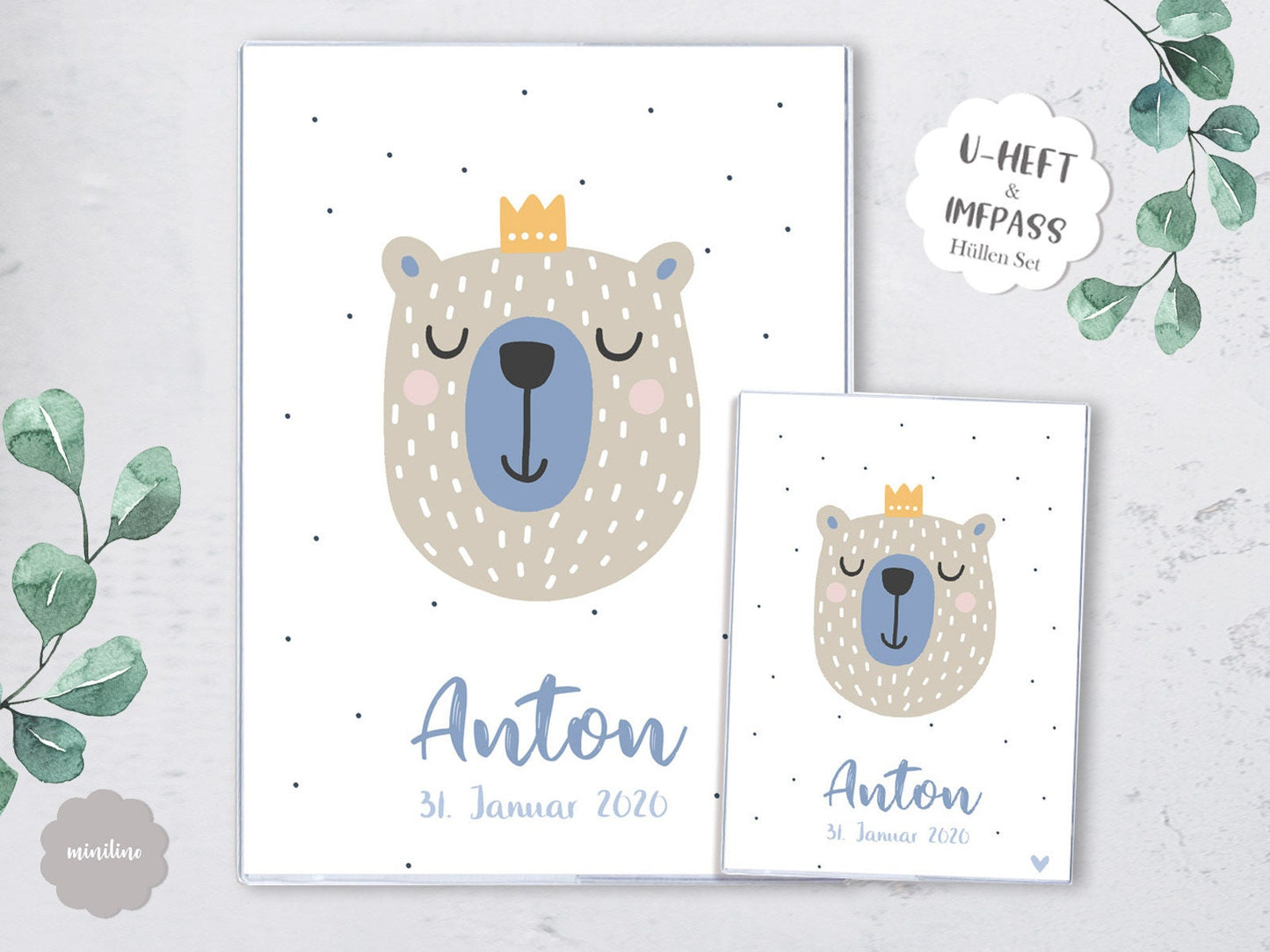 SET U-Heft Hülle & Impfpass Umschlag, König Bär, mit Namen