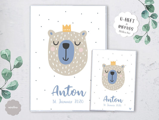 SET U-Heft Hülle & Impfpass Umschlag, König Bär, mit Namen
