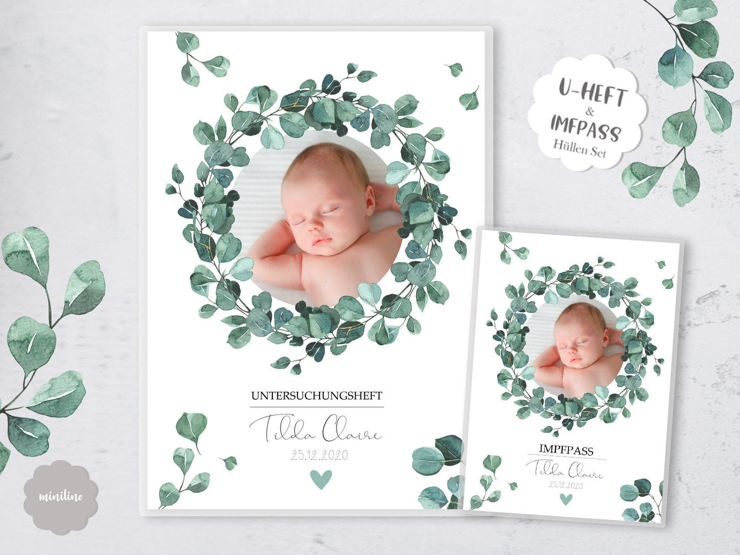 U-Heft Hülle & Impfpass Umschlag, mit Babyfoto und Geburtsdaten