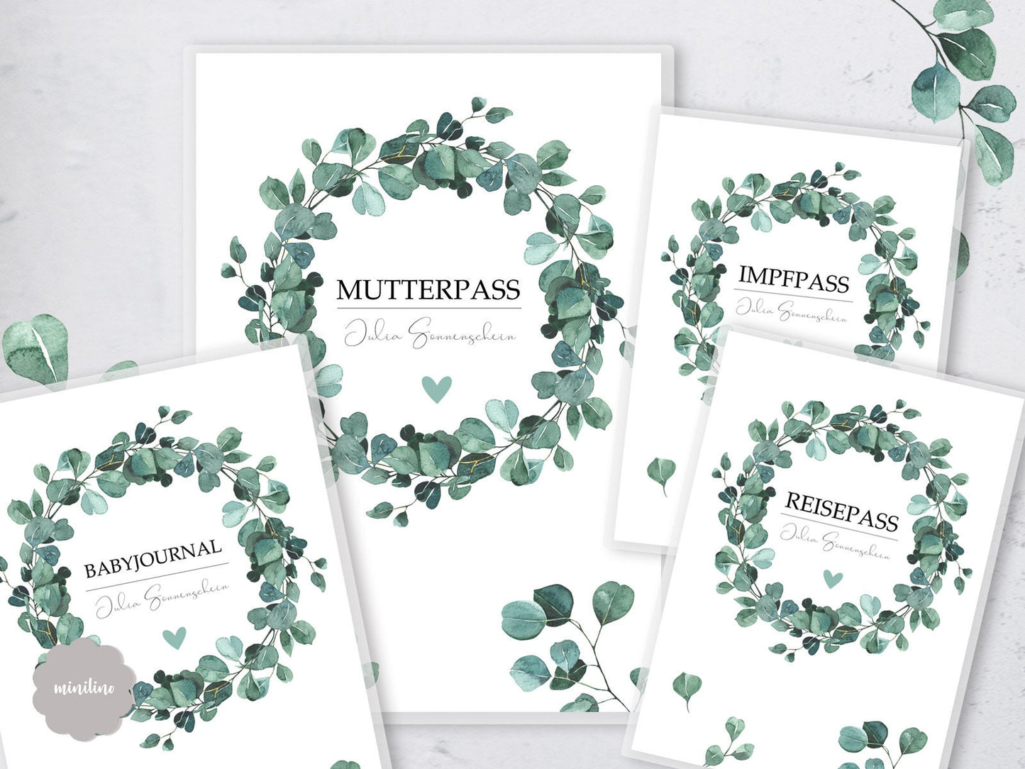 Elegante Mutterpass Hülle personalisiert mit Namen Eukalyptus