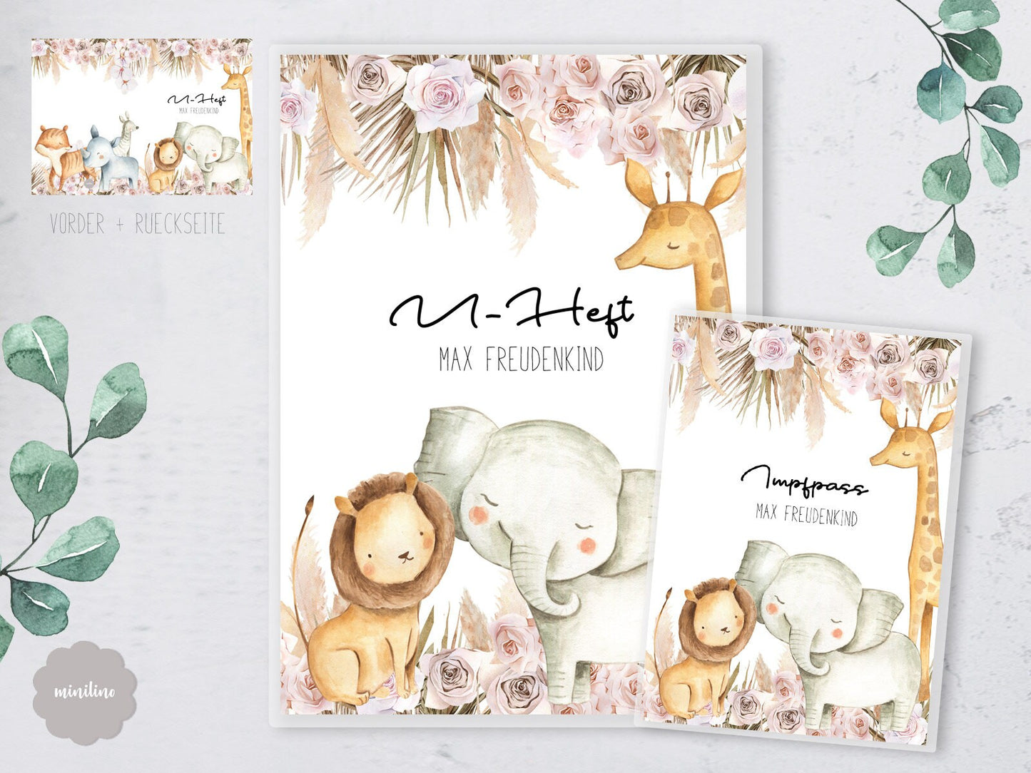 SET UHeft Hülle & Impfpass Umschlag, Federgras mit Namen, Zoo Tiere