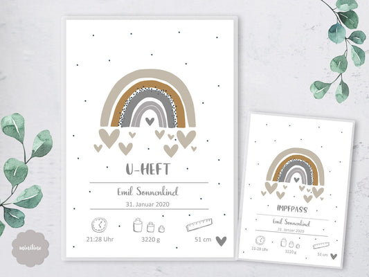 SET U-Heft Hülle & Impfpass Umschlag, Regenbogen mit Geburtsdaten, personalisiert, Geschenk Geburt