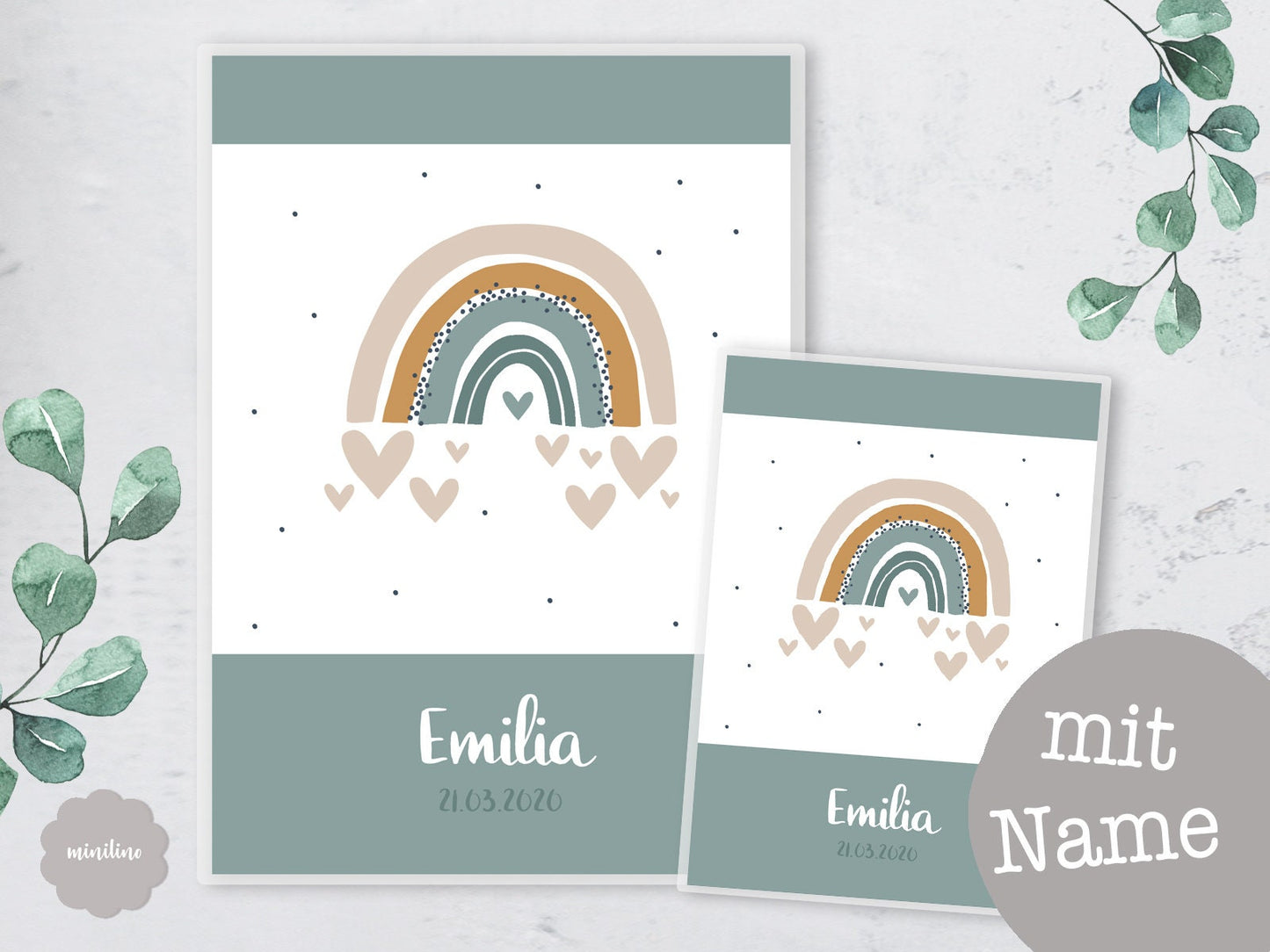 SET U-Heft Hülle & Impfpass Umschlag, Regenbogen mit Herz, personalisiert, Geschenk Geburt