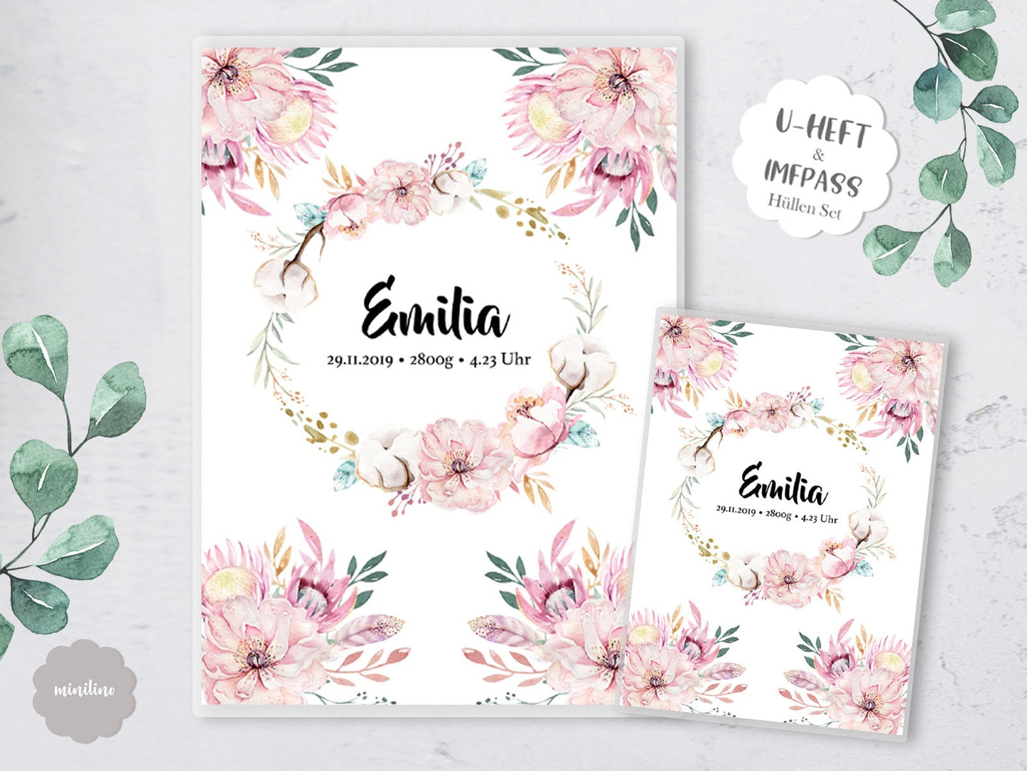 SET U-Heft Hülle & Impfpass Cover, Aquarell Blumen personalisiert