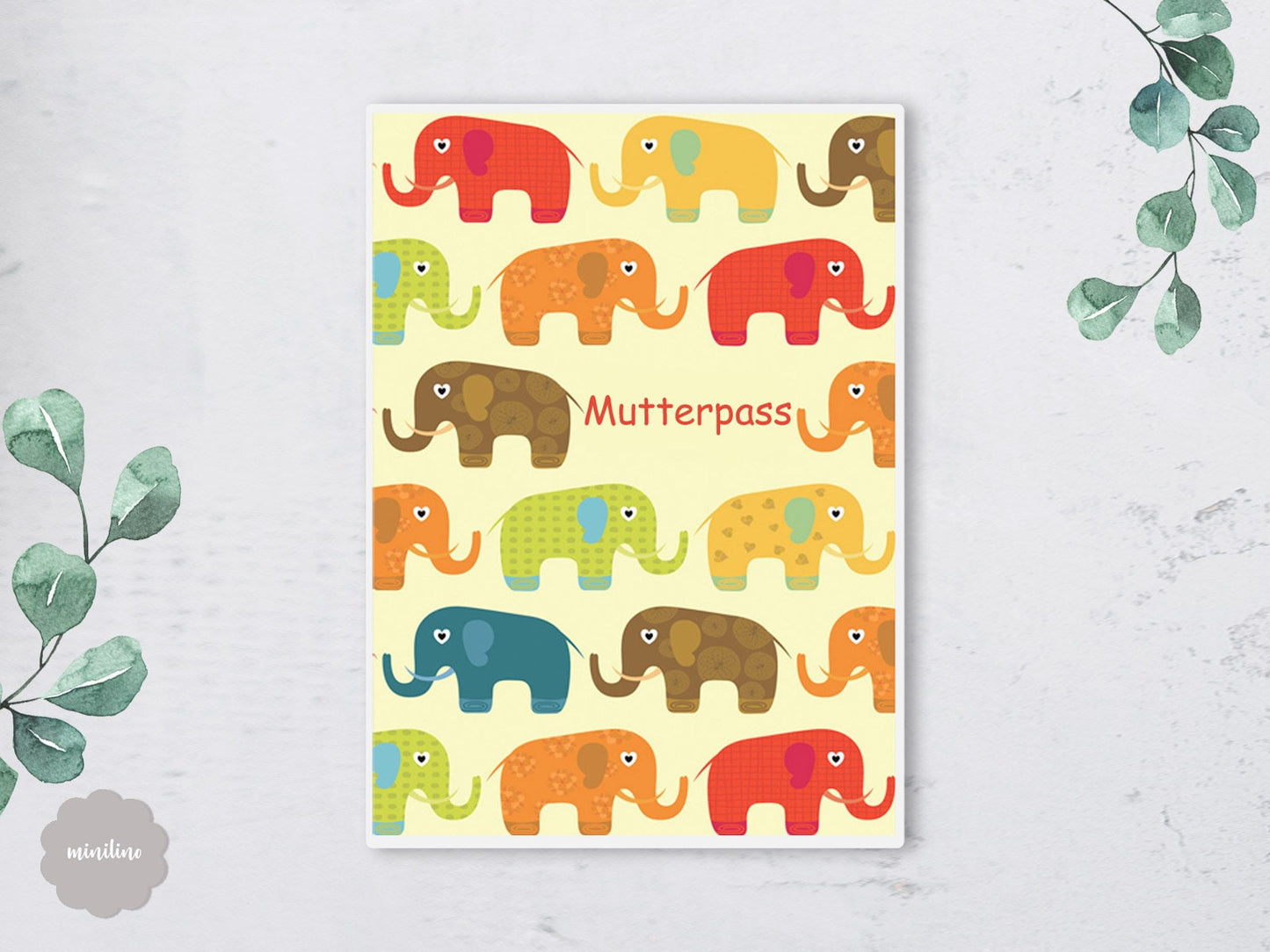Süße Retro Mutterpass Hülle, personalisiert mit Namen, bunte Elefanten