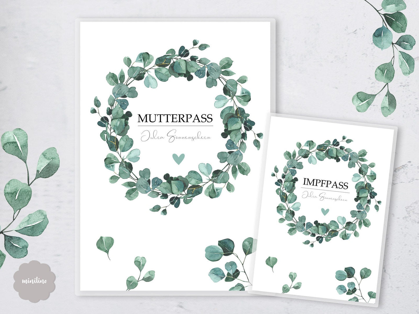 Elegante Mutterpass Hülle personalisiert mit Namen Eukalyptus