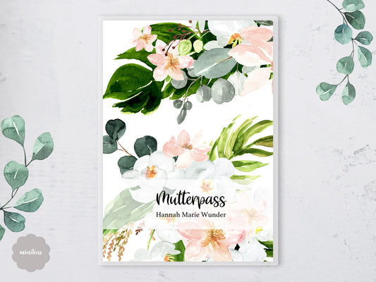 Elegante Mutterpass Hülle personalisiert mit Namen , Eukalyptus & rosa Blumen